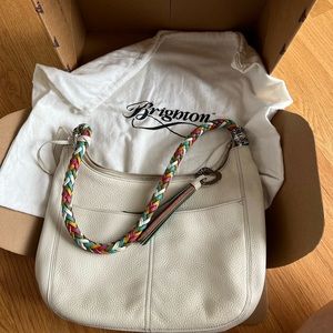 Brighton Barbados Cream Leather Zip Shoulder Bag with Multi Colored Strap